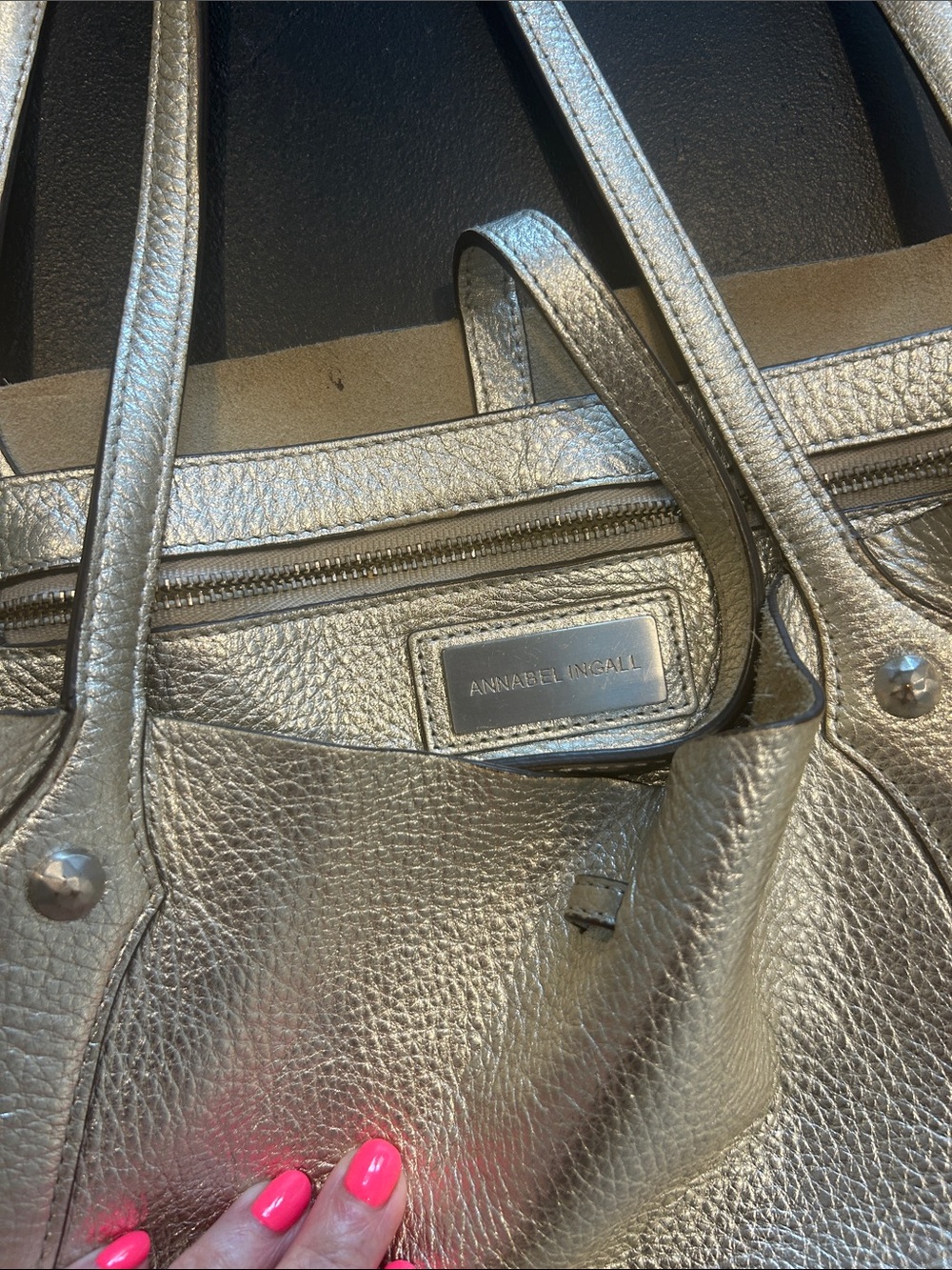 Annabel Ingall Metallic Silver Leather Tote with Zip Pocket